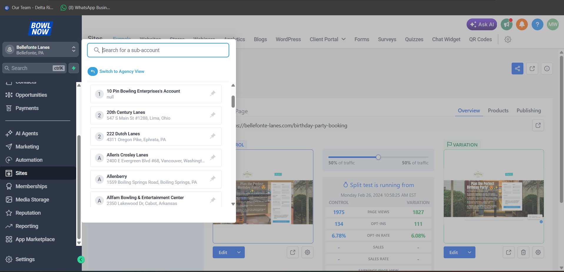 Agency sub-account switcher — 34 locations under management