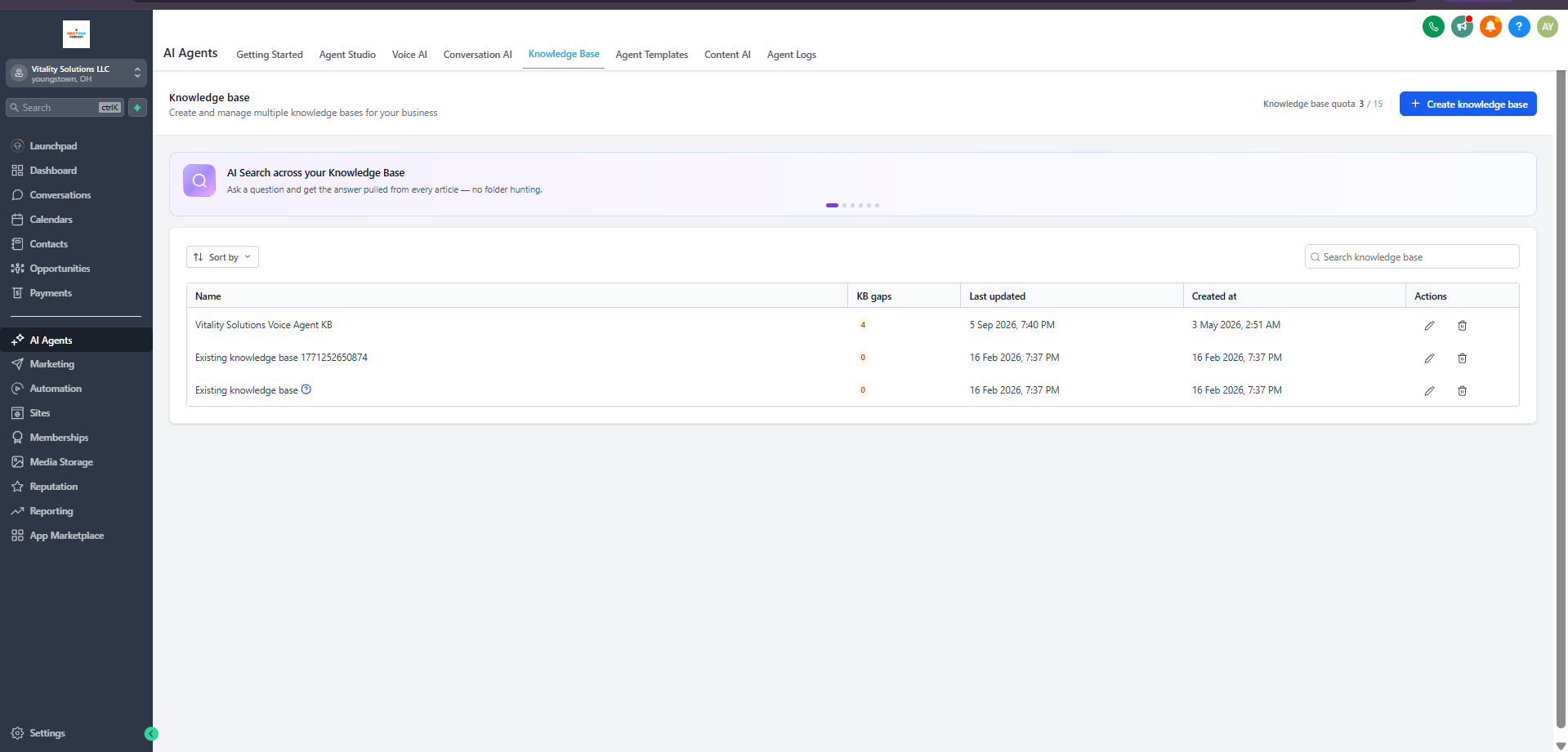 AI Voice Agent knowledge base screenshot